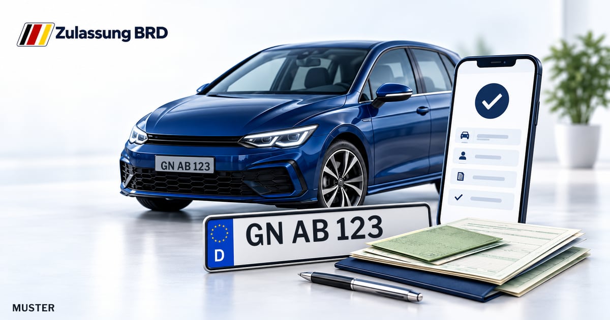 Online Fahrzeugzulassung in Rodenbach: Musterkennzeichen GN AB 123, Auto und Fahrzeugpapiere und Smartphone. Illustration mit Logo von Zulassung BRD.